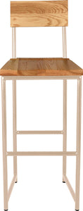 Off white metal stool with back with natural stain ash wood made in UK - front view round frame