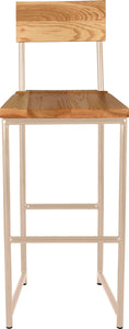 Off white metal stool with back with natural stain ash wood made in UK - front view round frame