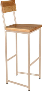 Off white metal stool with back with natural stain ash wood made in UK - angle view round frame