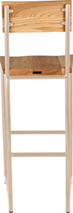 Off white metal stool with back with natural stain ash wood made in UK - back view round frame