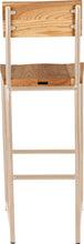 Load image into Gallery viewer, Off white metal stool with back with natural stain ash wood made in UK - back view round frame
