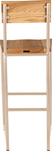 Off white metal stool with back with natural stain ash wood made in UK - back view round frame