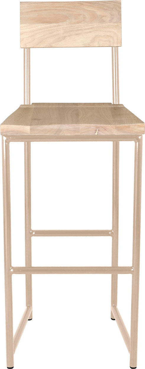 Off white metal stool with back with whitewash stain ash wood made in UK - front view round frame