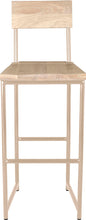 Load image into Gallery viewer, Off white metal stool with back with whitewash stain ash wood made in UK - front view round frame
