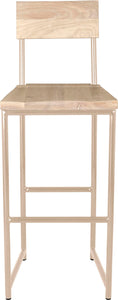 Off white metal stool with back with whitewash stain ash wood made in UK - front view round frame