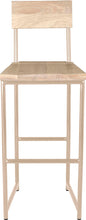 Load image into Gallery viewer, Off white metal stool with back with whitewash stain ash wood made in UK - front view round frame
