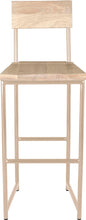 Load image into Gallery viewer, Off white metal stool with back with whitewash stain ash wood made in UK - front view round frame
