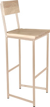 Load image into Gallery viewer, Off white metal stool with back with whitewash stain ash wood made in UK - angle view round frame
