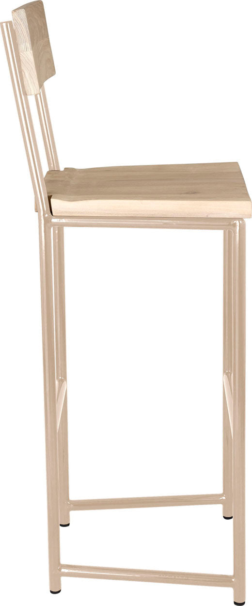 Off white metal stool with back with whitewash stain ash wood made in UK - side view round frame