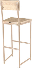Load image into Gallery viewer, Off white metal stool with back with whitewash stain ash wood made in UK - back side view round frame
