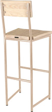 Load image into Gallery viewer, Off white metal stool with back with whitewash stain ash wood made in UK - back side view round frame
