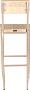 Off white metal stool with back with whitewash stain ash wood made in UK - back view round frame