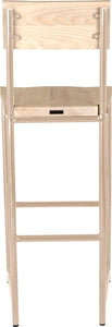 Off white metal stool with back with whitewash stain ash wood made in UK - back view round frame