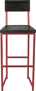 Crimson red metal stool with back with black stain ash wood made in UK - front view round frame