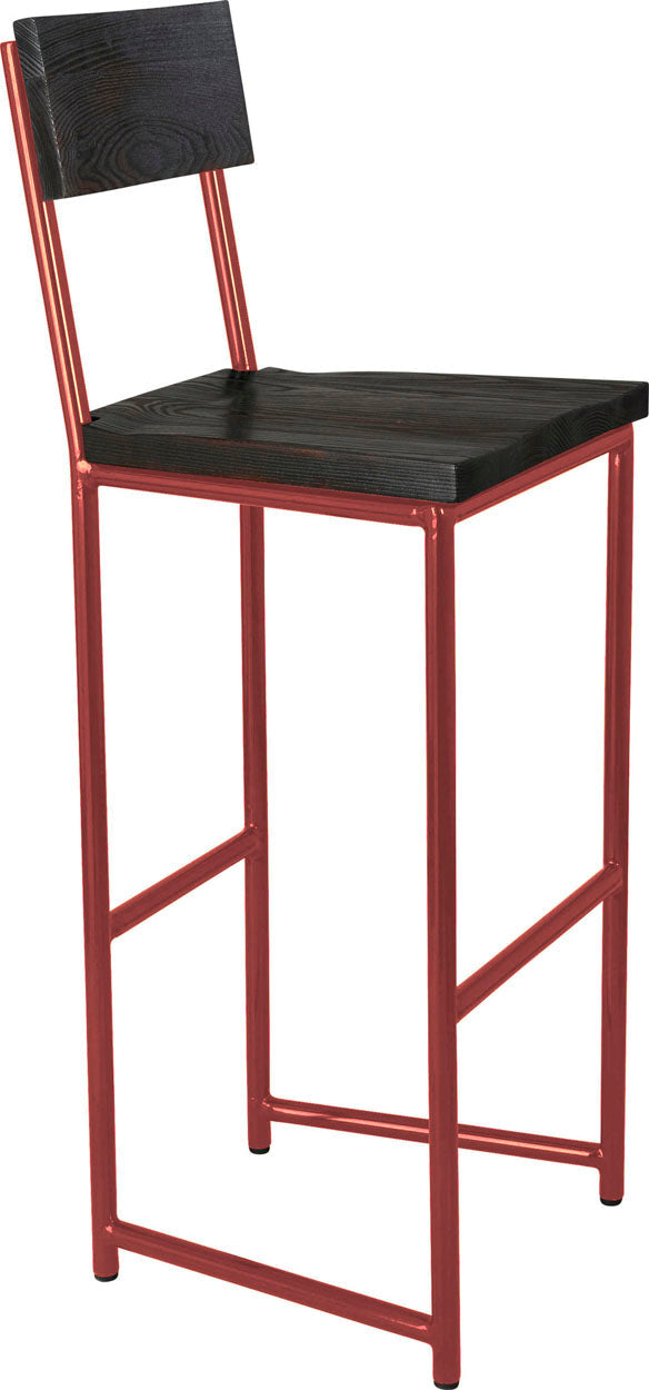 Crimson red metal stool with back with black stain ash wood made in UK - angle view round frame