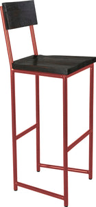 Crimson red metal stool with back with black stain ash wood made in UK - angle view round frame