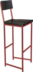 Crimson red metal stool with back with black stain ash wood made in UK - angle view round frame