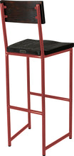 Load image into Gallery viewer, Crimson red metal stool with back with black stain ash wood made in UK - back side view round frame
