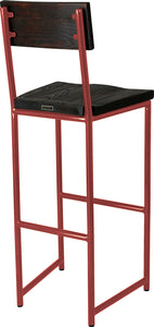 Crimson red metal stool with back with black stain ash wood made in UK - back side view round frame