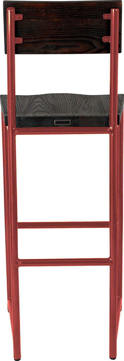 Crimson red metal stool with back with black stain ash wood made in UK - back view round frame