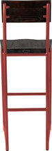Load image into Gallery viewer, Crimson red metal stool with back with black stain ash wood made in UK - back view round frame
