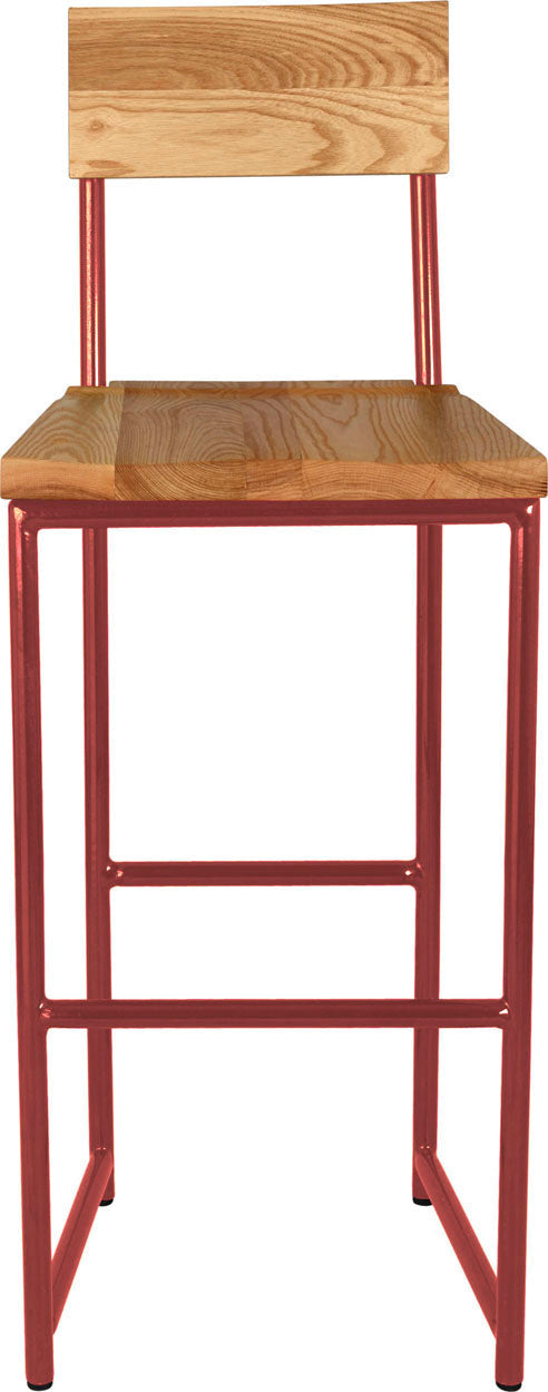 Crimson red metal stool with back with natural stain ash wood made in UK - front view round frame