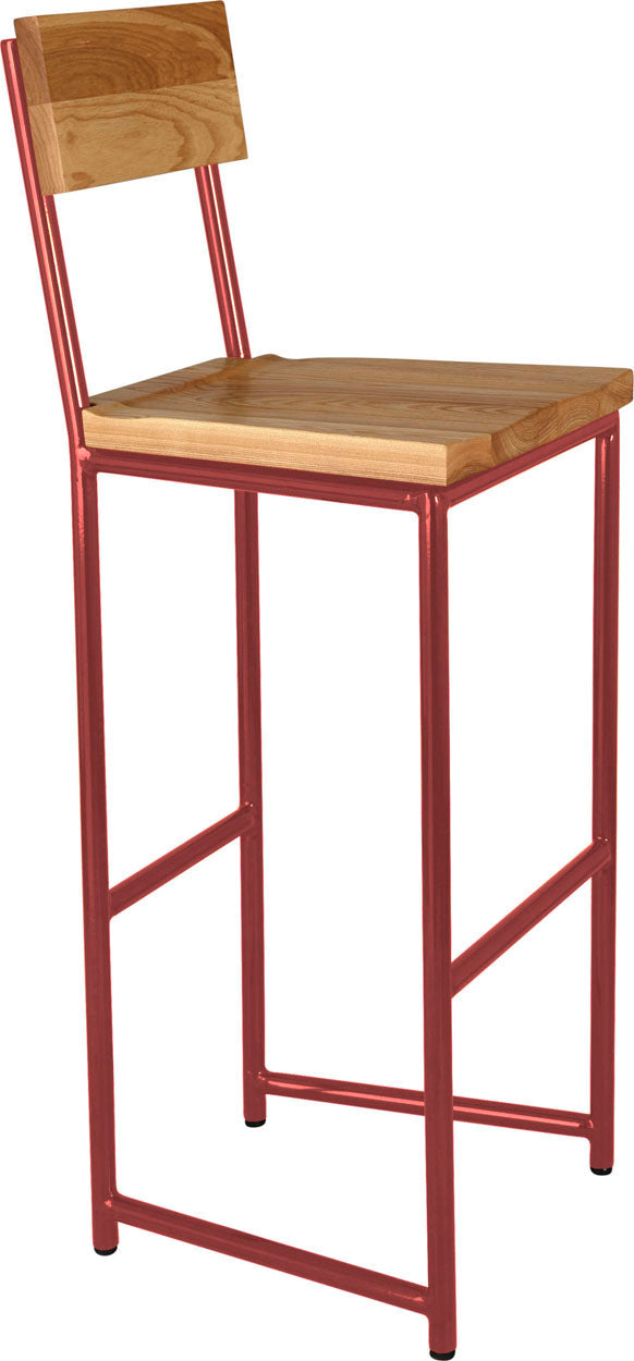 Crimson red metal stool with back with natural stain ash wood made in UK - angle view round frame