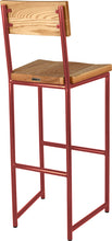 Load image into Gallery viewer, Crimson red metal stool with back with natural stain ash wood made in UK - back side view round frame
