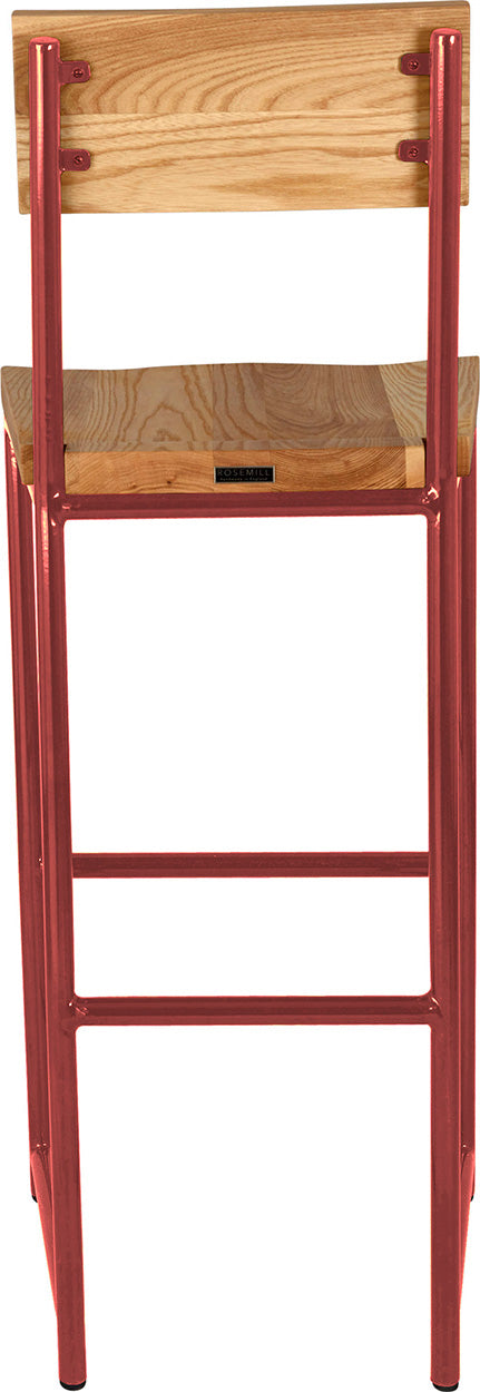 Crimson red metal stool with back with natural stain ash wood made in UK - back view round frame