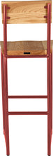 Load image into Gallery viewer, Crimson red metal stool with back with natural stain ash wood made in UK - back view round frame

