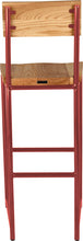 Load image into Gallery viewer, Crimson red metal stool with back with natural stain ash wood made in UK - back view round frame
