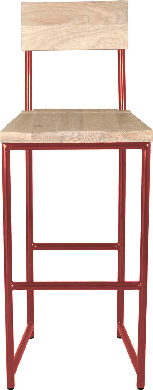 Crimson red metal stool with back with whitewash stain ash wood made in UK - front view round frame