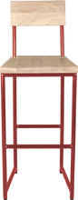 Load image into Gallery viewer, Crimson red metal stool with back with whitewash stain ash wood made in UK - front view round frame
