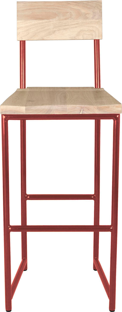 Crimson red metal stool with back with whitewash stain ash wood made in UK - front view round frame
