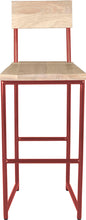 Load image into Gallery viewer, Crimson red metal stool with back with whitewash stain ash wood made in UK - front view round frame
