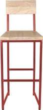 Load image into Gallery viewer, Crimson red metal stool with back with whitewash stain ash wood made in UK - front view round frame
