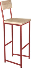 Load image into Gallery viewer, Crimson red metal stool with back with whitewash stain ash wood made in UK - angle view round frame
