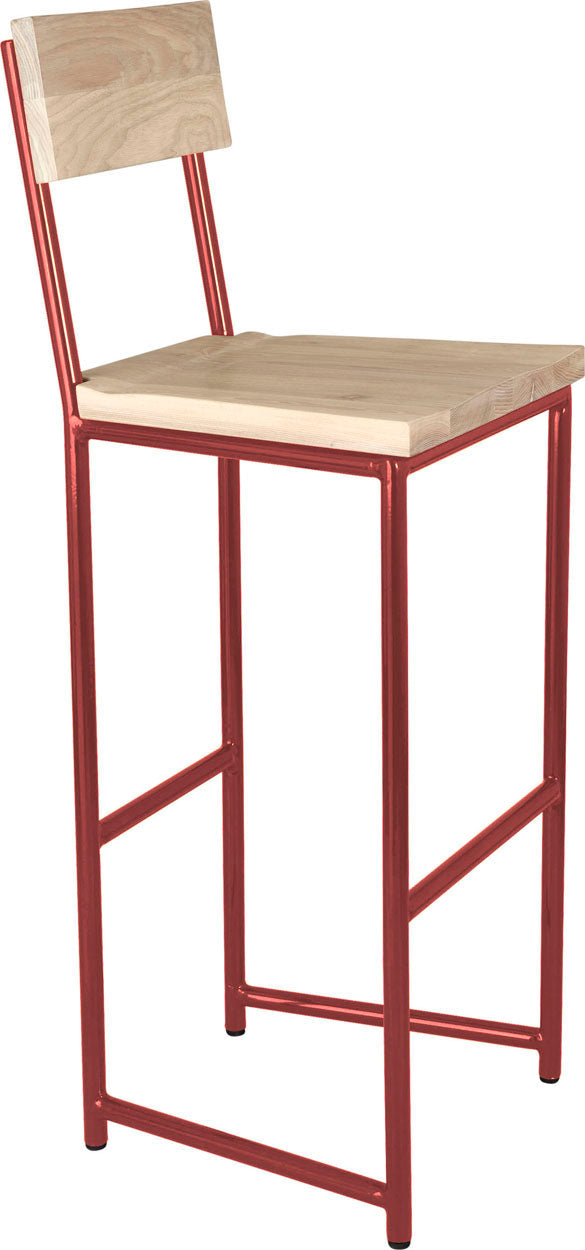 Crimson red metal stool with back with whitewash stain ash wood made in UK - angle view round frame