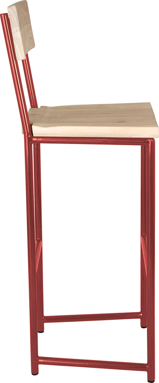 Crimson red metal stool with back with whitewash stain ash wood made in UK - side view round frame