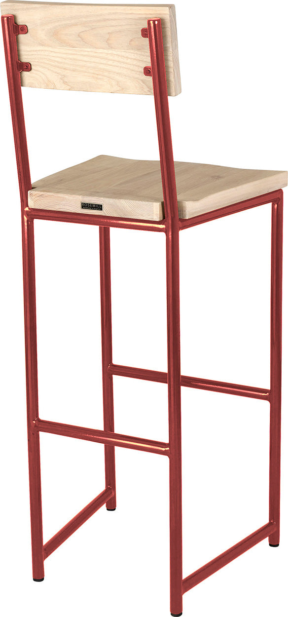 Crimson red metal stool with back with whitewash stain ash wood made in UK - back side view round frame