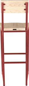 Crimson red metal stool with back with whitewash stain ash wood made in UK - back view round frame