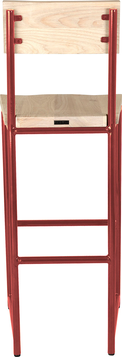 Crimson red metal stool with back with whitewash stain ash wood made in UK - back view round frame