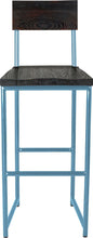 Load image into Gallery viewer, Duck-egg blue metal stool with back with black stain ash wood made in UK - front view round frame
