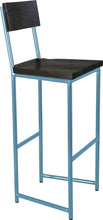 Load image into Gallery viewer, Duck-egg blue metal stool with back with black stain ash wood made in UK - angle view round frame
