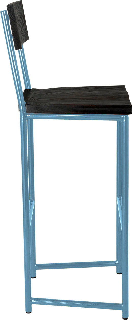Duck-egg blue metal stool with back with black stain ash wood made in UK - side view round frame