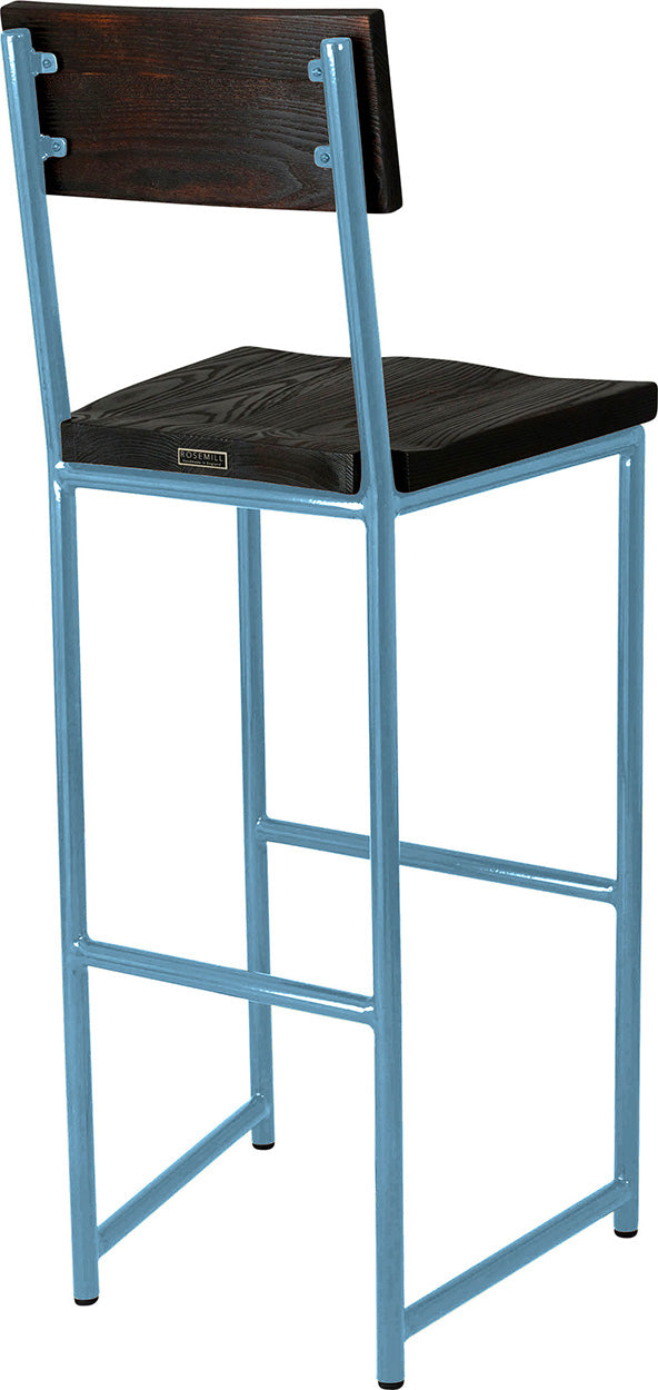 Duck-egg blue metal stool with back with black stain ash wood made in UK - back side view round frame