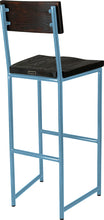 Load image into Gallery viewer, Duck-egg blue metal stool with back with black stain ash wood made in UK - back side view round frame
