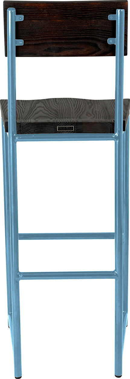 Duck-egg blue metal stool with back with black stain ash wood made in UK - back view round frame