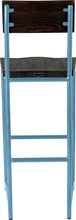 Load image into Gallery viewer, Duck-egg blue metal stool with back with black stain ash wood made in UK - back view round frame
