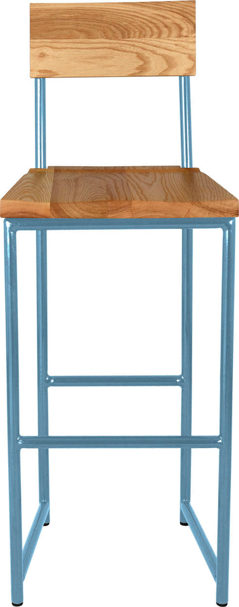 Duck-egg blue metal stool with back with natural stain ash wood made in UK - front view round frame